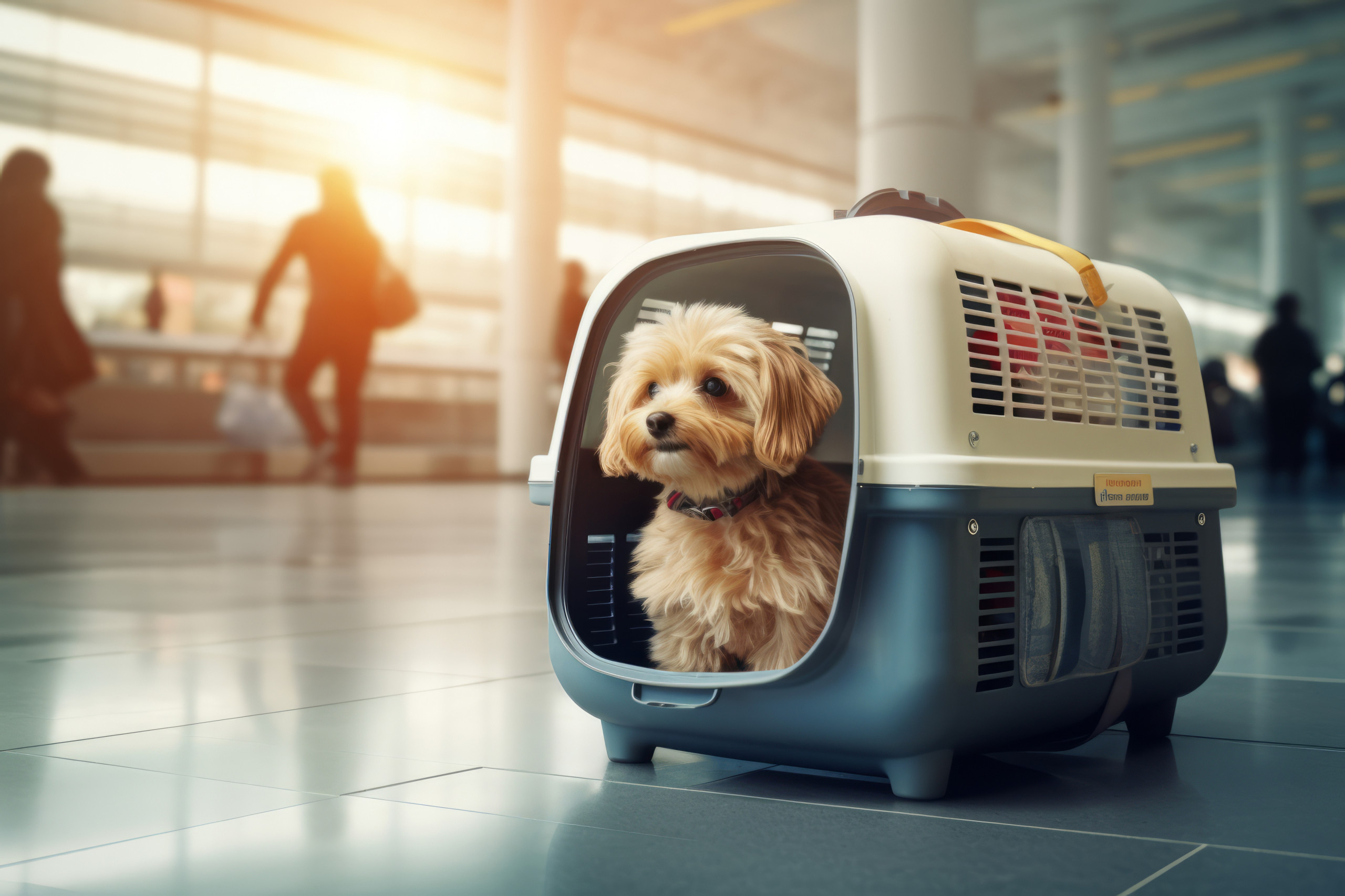 Ein Hund sitzt brav in seiner Transportbox, bereit für den Abflug.