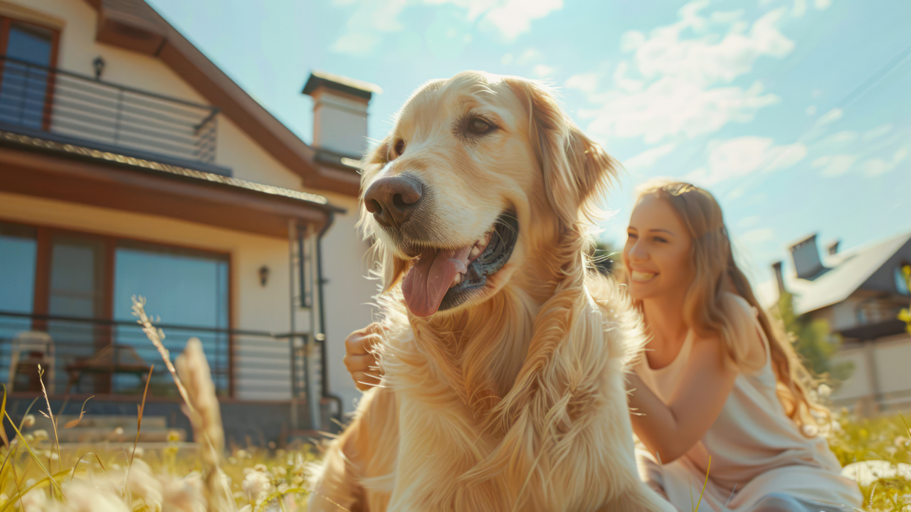 Eine Tierbesitzerin und ihr Hund genießen den gemeinsamen Urlaub am Bauernhof.