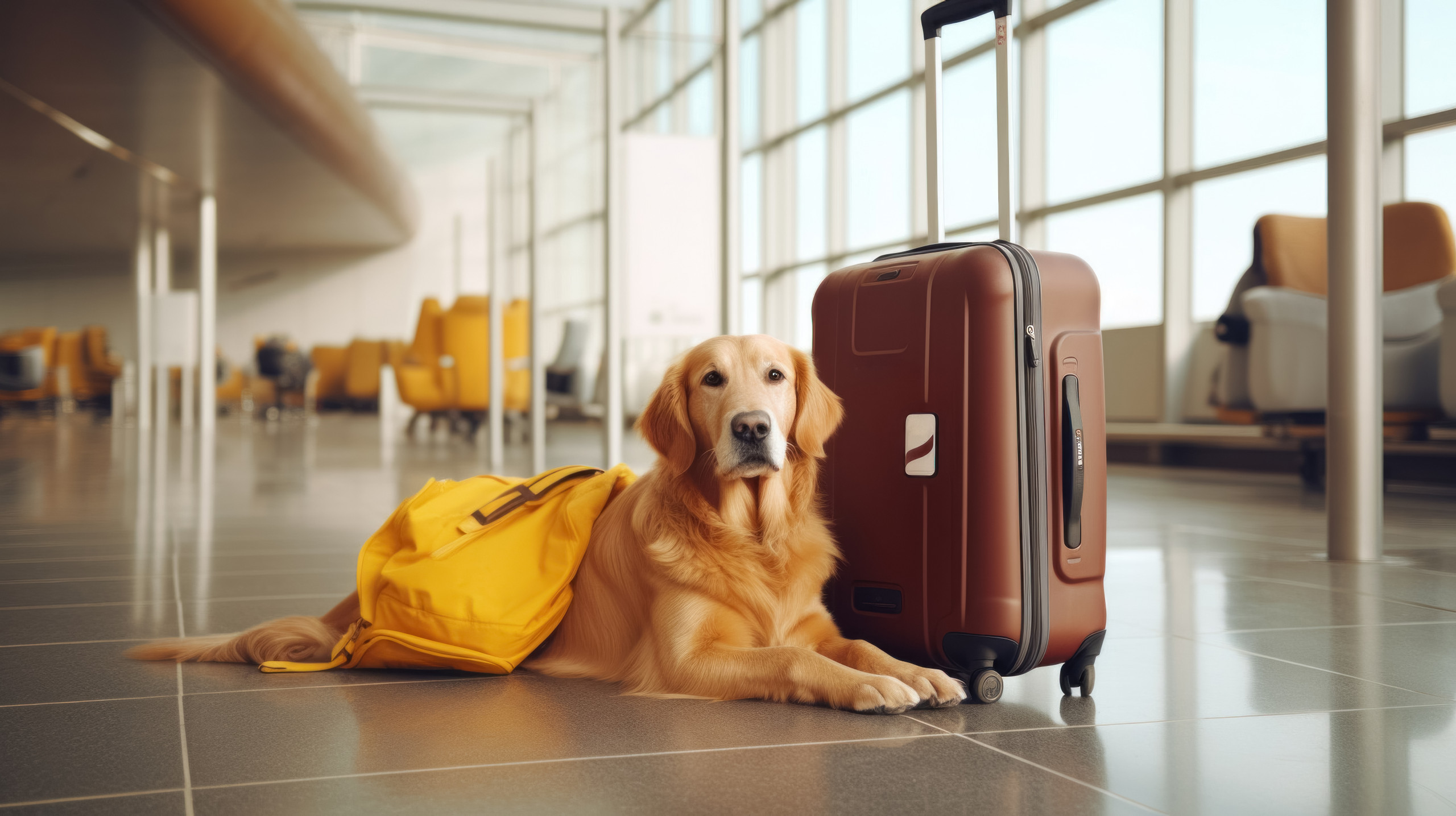 Ein Hund sitzt neben den Reisekoffern und wartet auf die Abreise mit dem Flieger.