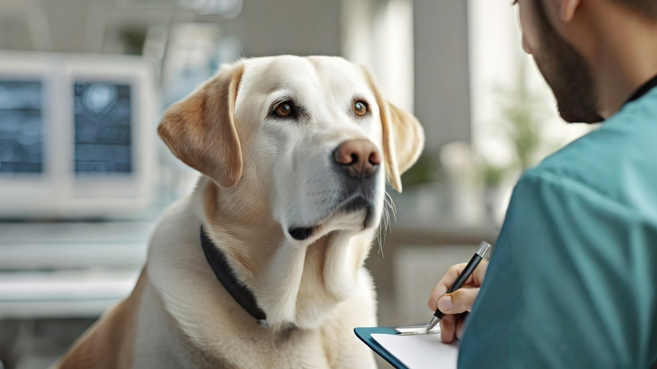 Ein Labrador wird vor seiner Impfung beim Tierarzt untersucht.